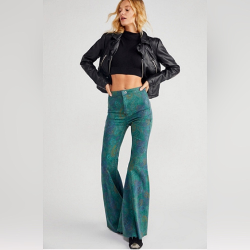 NWOT Free People Throw It Back Reversible Flare Jeans, size 26, emerald combo